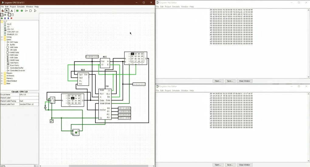 Simple 8-bit CPU I designed. Top right is program memory with machine code i created. Bottom right is memory in which program stores prime numbers up to 255